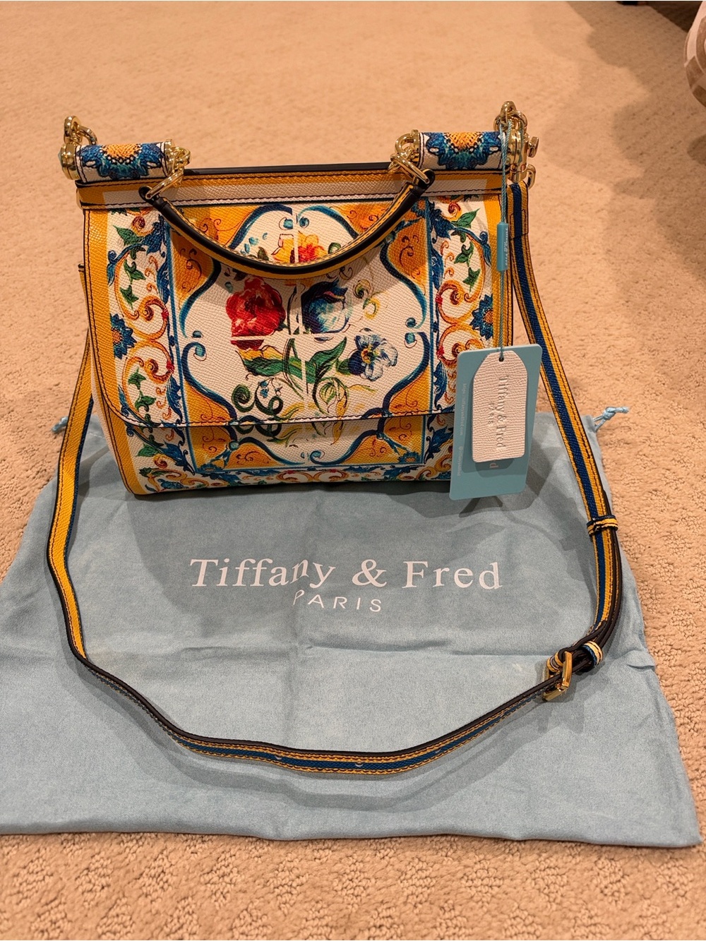 Tiffany & Fred Yellow Floral Printed Top-Handle Satchel with Blue Accents